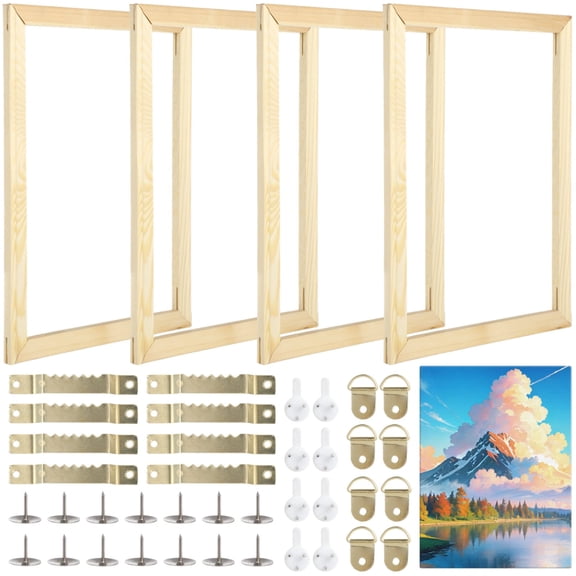 4 Sets Canvas Stretcher Bars, 12×16" Wooden Canvas Frames Kit, DIY Wood Canvas Frames with Hooks, Thumbtacks, and Traceless Nails, Arts Accessories for Prints, Oil Paintings