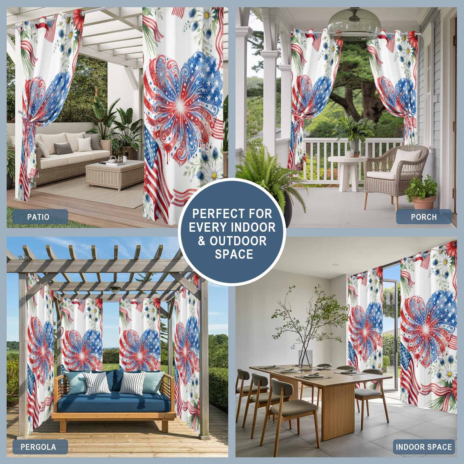 Independence Day Outdoor Curtains for Patio, Abstract American Flag Heart Red Blue Flower Daisy Sunshade Privacy Drapes Grommet Waterproof Outside Curtains for Porch/Cabana/Balcony 54"x 95", 2 Panel