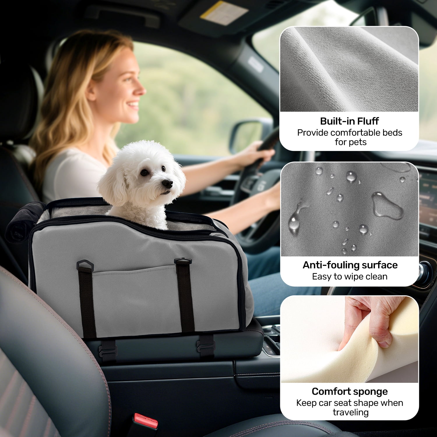 Niubya, Pet Booster Seat For Cars, Dog Car Carrier With Safety Harness, Portable Travel Vehicle Pet Bed for Small Dogs, Cats Easy-Clean & Sturdy Construction, Gray