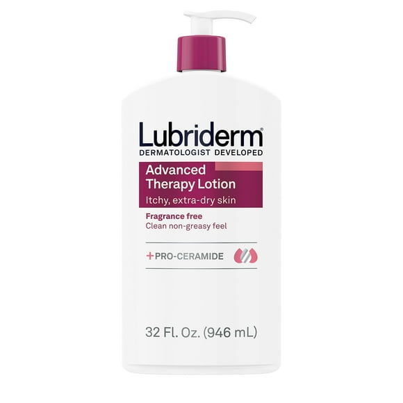 Lubriderm Lotion Hydratante Sans Parfum pour les Mains et le Corps + Pro-Céramide avec Vitamines E & Pro-Vitamine B5 Hydratation Intense pour Peau Très Sèche Qui Démange Non Grasse 32 Fl Oz
