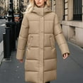 thumbnail image 2 of Women Long Puffer Jacket with Hood Pockets Heavyweight Full-zip Winter Coat Mid Length Loose Warm Thick Overcoat (L, Khaki), 2 of 7