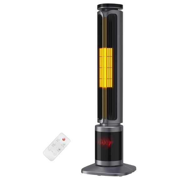 34.5" Space Heaters for Indoor Use Large Room, 1500W PTC Electric Heater with 3D Flame, Oscillating Heater with Control & 12H Timer, Portable Tower Heaters for Bedroom, Office, Grey