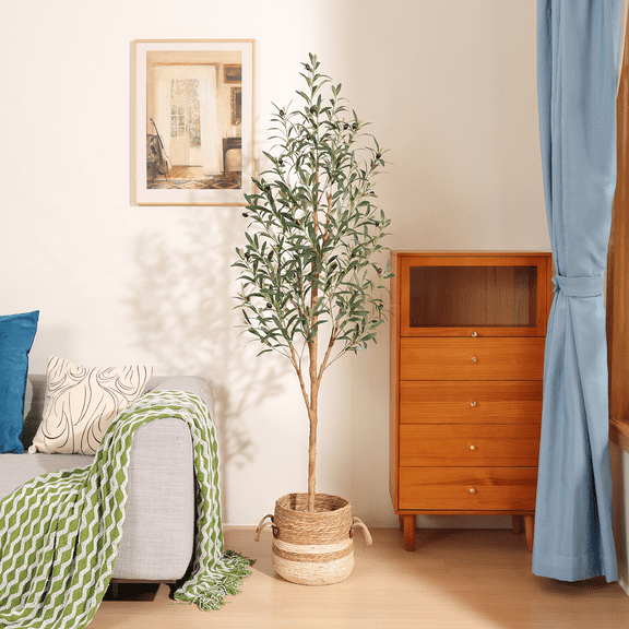 DR.Planzen 6' Artificial Olive Tree Indoor, Tall Faux Olive Tree, Artificial Plants with Natural Wood Trunk and Lifelike Fruits for Home Office Decor