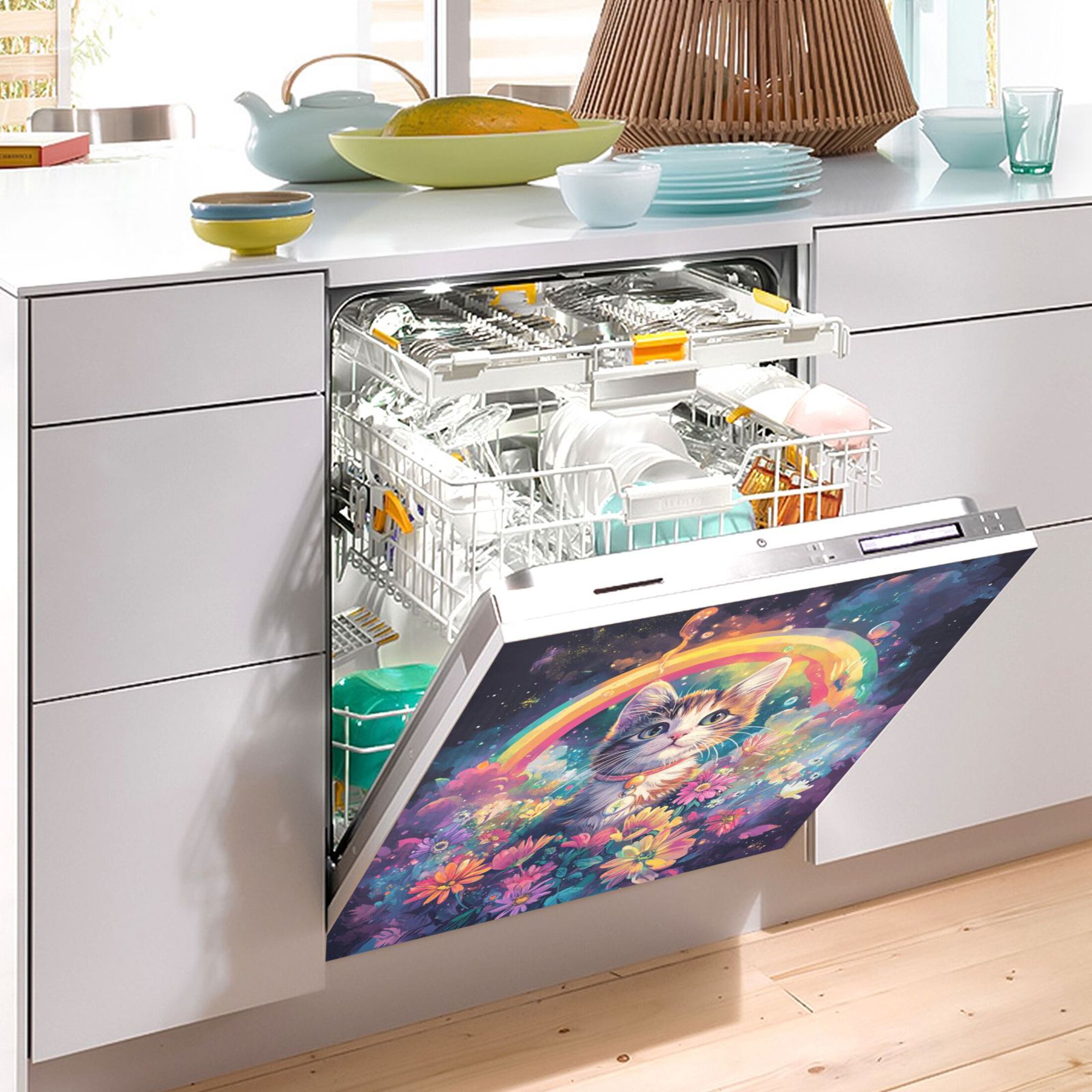 Dishwasher Magnetic Sticker 23x26 Inch Refrigerator Magnetic Sticker Washing Machine Magnetic Sticker Kitchen Panel Magnetic Sticker Home Decor Pretty Rainbow Cat