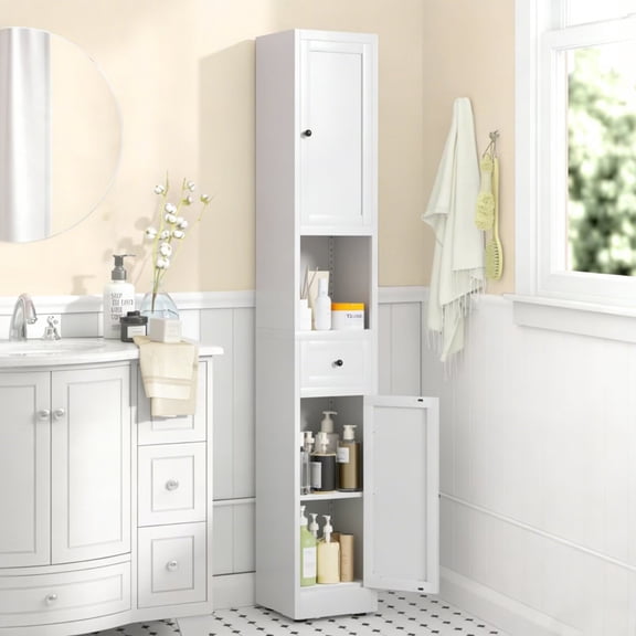 UZUGUL White Narrow Bathroom Storage Cabinet, Tall Slim with Drawer, Adjustable Shelves, Metal, for Small Spaces