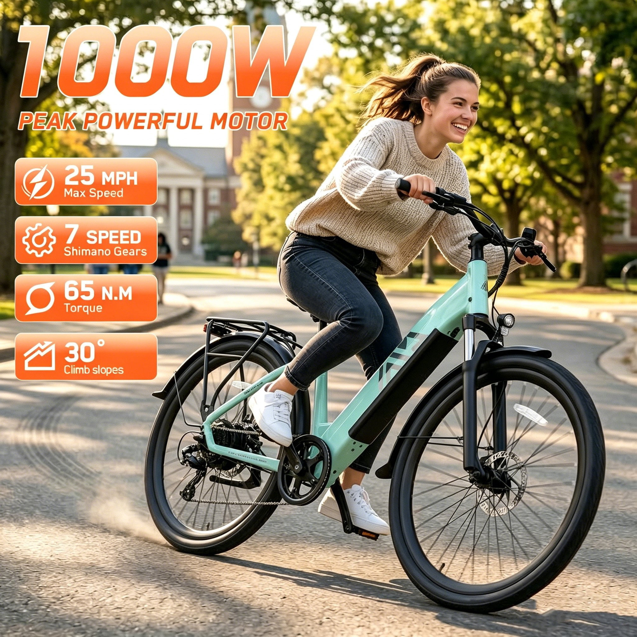 TST Electric Bike for Women, Peak 1000W E-Mountain Bicycle, 27.5" Tire EBike with 48V/15Ah Battery