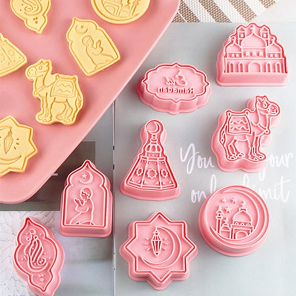 Neinkie 8Pcs Eid Mubarak Cookie Cutters Set, Islamic Muslim Ramadan 3D Sugar Cookie Pie Crust Cutter Pastry Fondant Stamper Baking Mold Cake Decorating Tool, Embossing, Lantern, Camel, Star, Moon