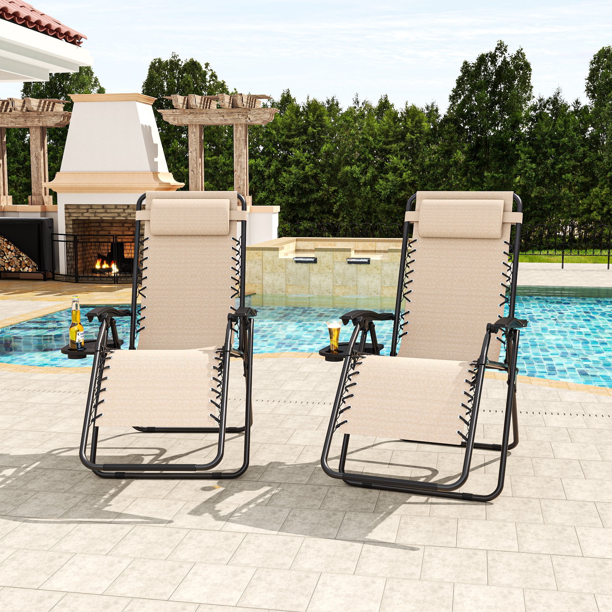 Zero Gravity Lounge Chair Folding with Headrest & Removable Tray, 300 lb Capacity Recliner 90-170° Adjustable, Portable Outdoor Chair for Patio Beach Camping, Khaki
