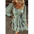 thumbnail image 4 of Women's Green Floral Print Square Neck Shirred Waist Ruffled Mini Dress, 4 of 7