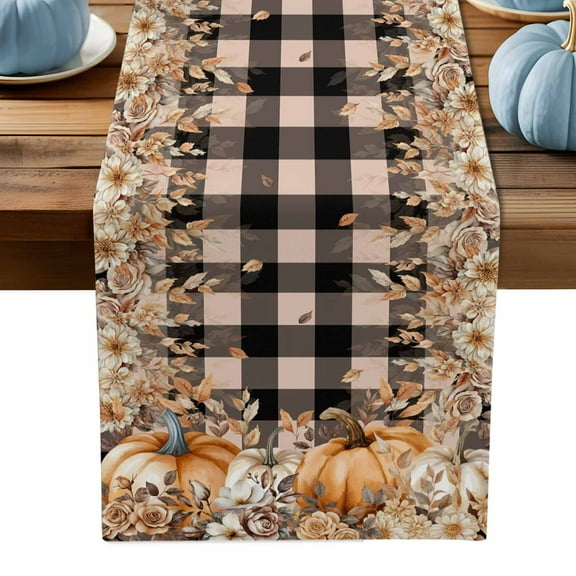 ERUNPONLY Orange Pumpkins Fall Table Runner - 72 Inch Long Plaid Thanksgiving Leaves Floral Cotton and Linen Blended Dress Scarves Farmhouse Table Runner for Kitchen Dining, Coffee Table, 14" x 72"