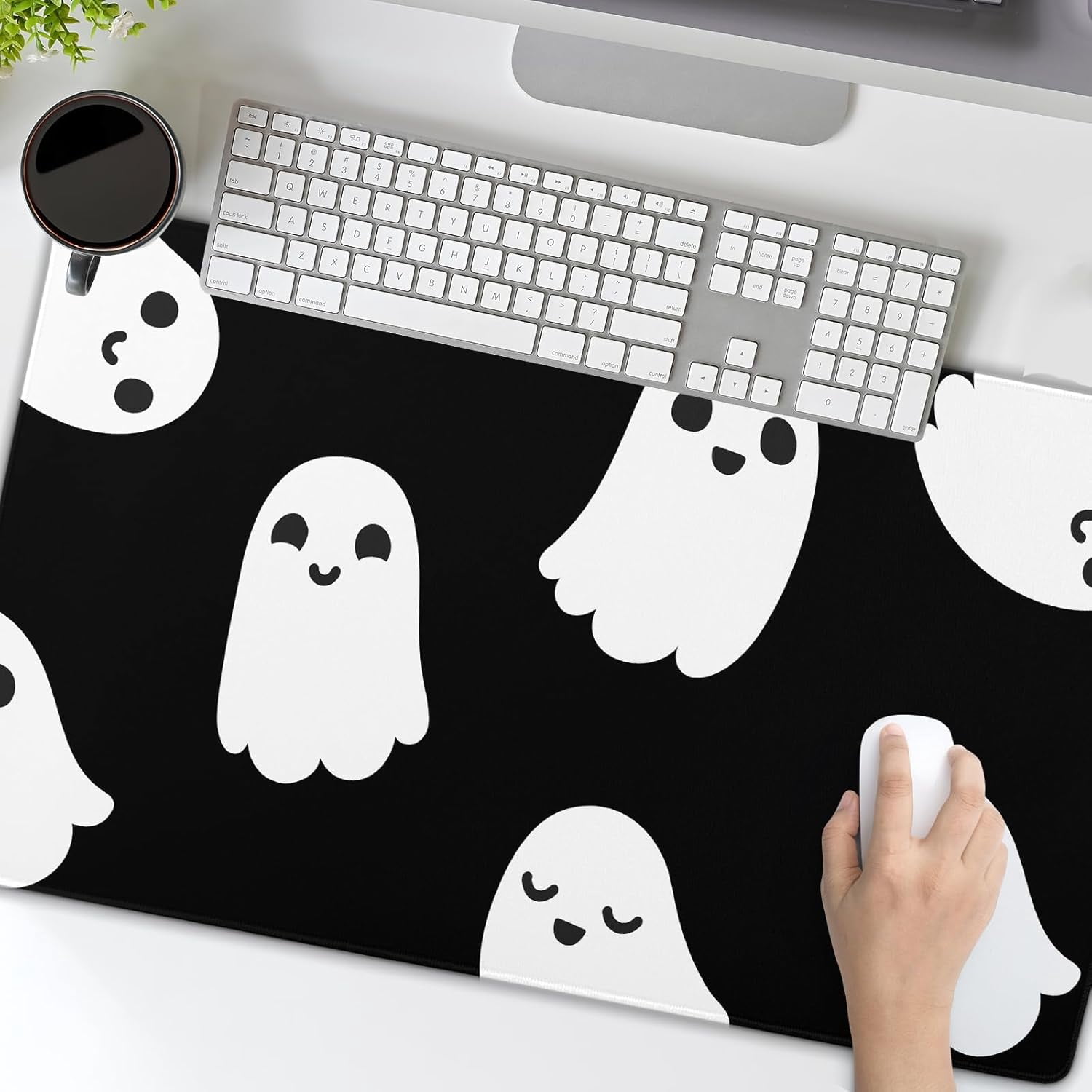 Halloween Cute Ghost Mouse Pad Large Cartoon Spooky Funny Spirit Extended Desk Mat Non-Slip Rubber Base Stitched Edge Large XL Black White Mousepad for Desk Gaming Laptop Desktop,24x14 Inch