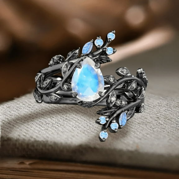 Vintage Pear Cut Moonstone Engagement Ring Set- Art Deco Cluster Leaf Nature Inspired Bridal Promise Ring Enhance IN 14K Black Gold Vermeil