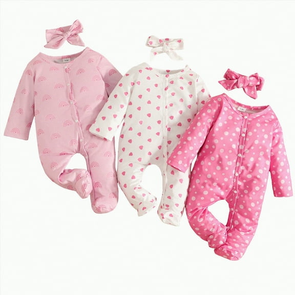 HCNTES Baby Girls Preemie Sleep and Play Printed Bodysuit Three Piece Set(3-6 Months,F97-Pink)