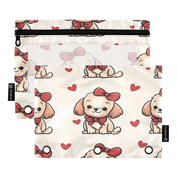 2 Pack 3 Ring Binder Pouch with Clear PVC Window Water Resistant Zipper Pencil Pouch Cute Sweet Puppy Hearts Binder Pocket for Classroom Office Home Stationery Organization