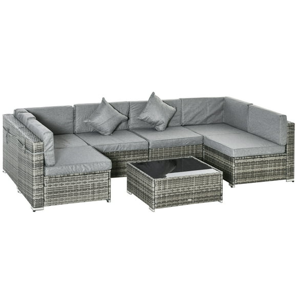 Outsunny 7 Piece Patio Furniture Set, PE Rattan Outdoor Conversation Set with Sectional Sofa, Glass Tabletop, Cushions and Pillows for Garden, Lawn, Deck, Mixed Grey and Grey