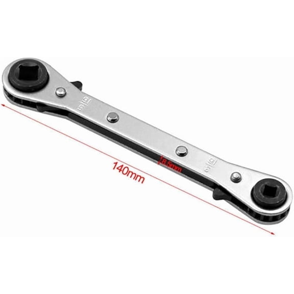 4-in-1 Reversible Ratchet Wrench for Refrigeration Service,Chrome-Plated Heavy-Duty Spanner for Compressor Valves,Versatile Tool for HVAC and Maintenance Professionals.