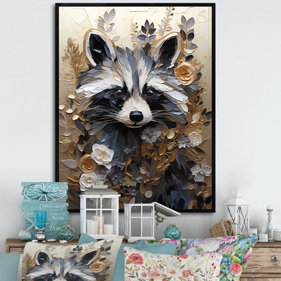 Designart "Floral Trickster" Animals Raccoon Floater Framed Wall Art Living Room