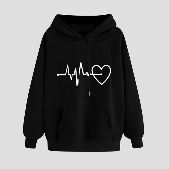 Qetyuw Cute Heart Beat Graphic Hoodies for Women Long Sleeve Drawstring Sweatshirts With Pockets Fashion Casual Pullover Tops