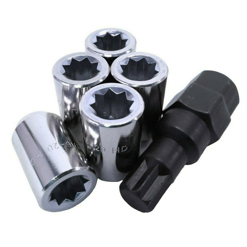 (5) 8 Point Star Tuner 7/16 Wheel Lug Nuts Locks w Key Buick Pontiac