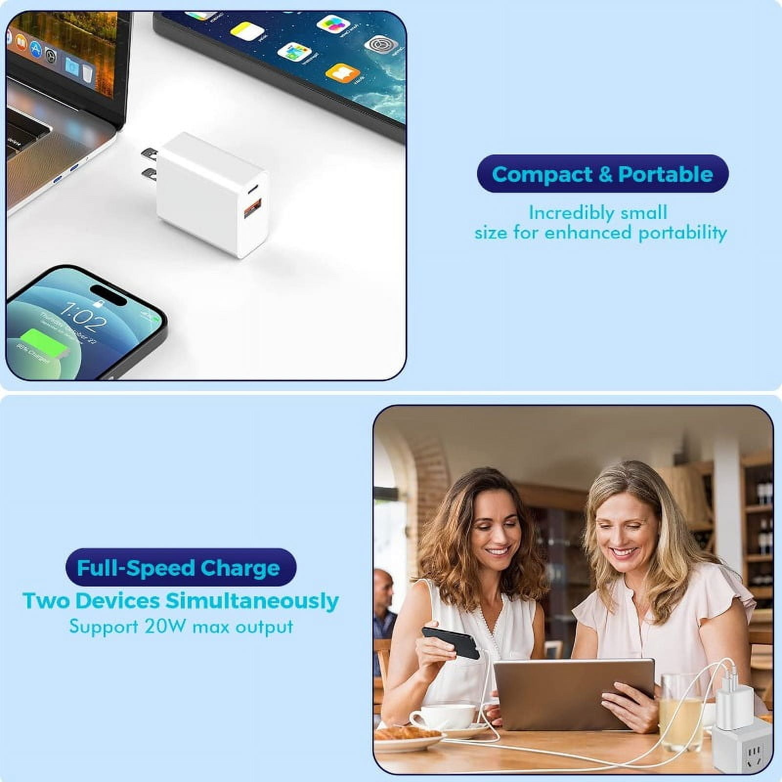 Charger Block, 2-Pack 20W Dual Port PD Fast USB C Wall Charger Adapter + USB A Fast Charging Brick Plug, Compatible with 15/14/13/12/11/Pro Max/Plus/XS/XR/X, IPad, AirPods, Etc
