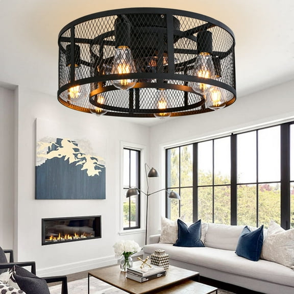 Ohniyou 21" Farmhouse Caged Ceiling Fans with Lights and Remote, Flush Mount Modern Enclosed Ceiling Fan for Kitchen Living Room Bedroom,Black