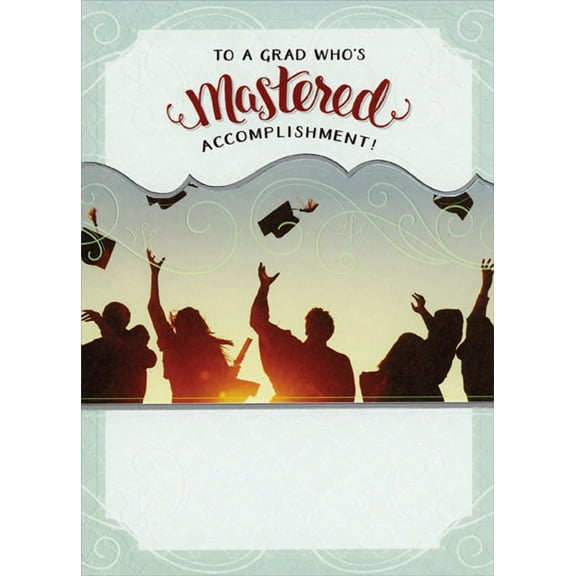 Designer Greetings Grads Throwing Caps Silhouette : Mastered Accomplishment Congratulations on Earning Master's Degree Graduation Card