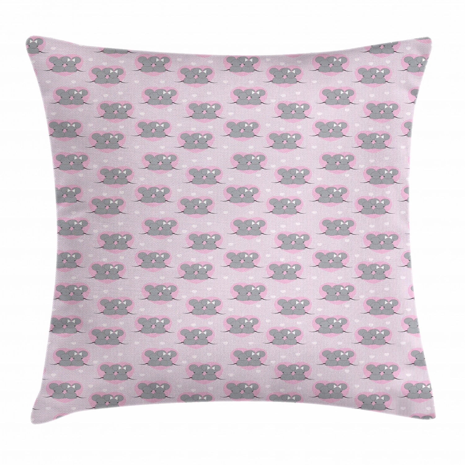 Pink and Grey Throw Pillow Cushion Cover, Little Mouse Characters with