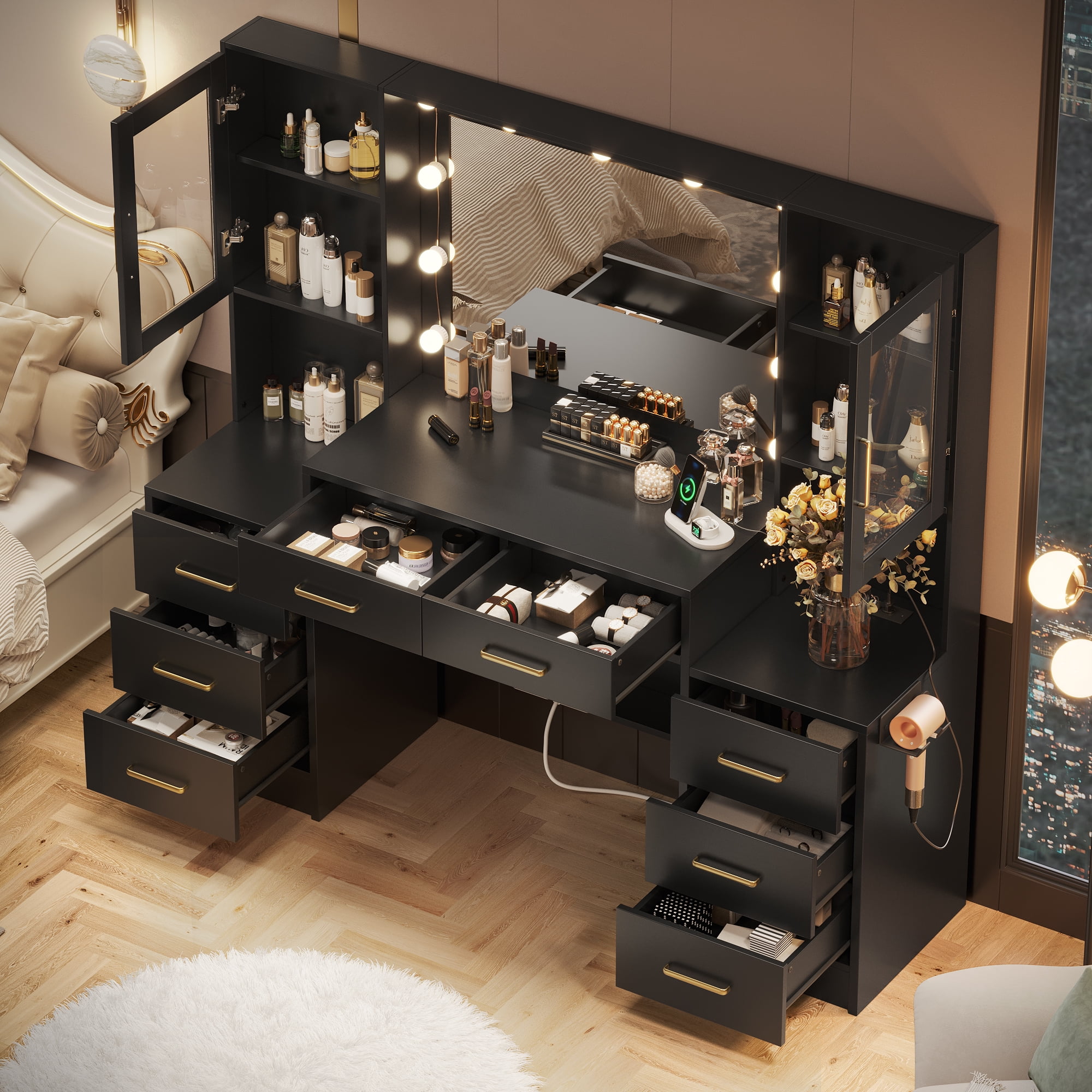 UGTOO 58" Black Vanity Desk with 8 Drawers & 2 Cabinets, Large Bedroom Dressing Table with LED Lighted Mirror & Power Strip, Modern Home Office Makeup Station, High-Capacity Storage Furniture