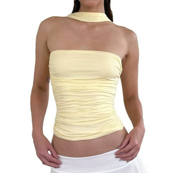 Women Y2k Tube Tops Strapless Sleeveless Crop Going Out Top Slim Fit Backless Bandeau Aesthetic Clothes Light Yellow M