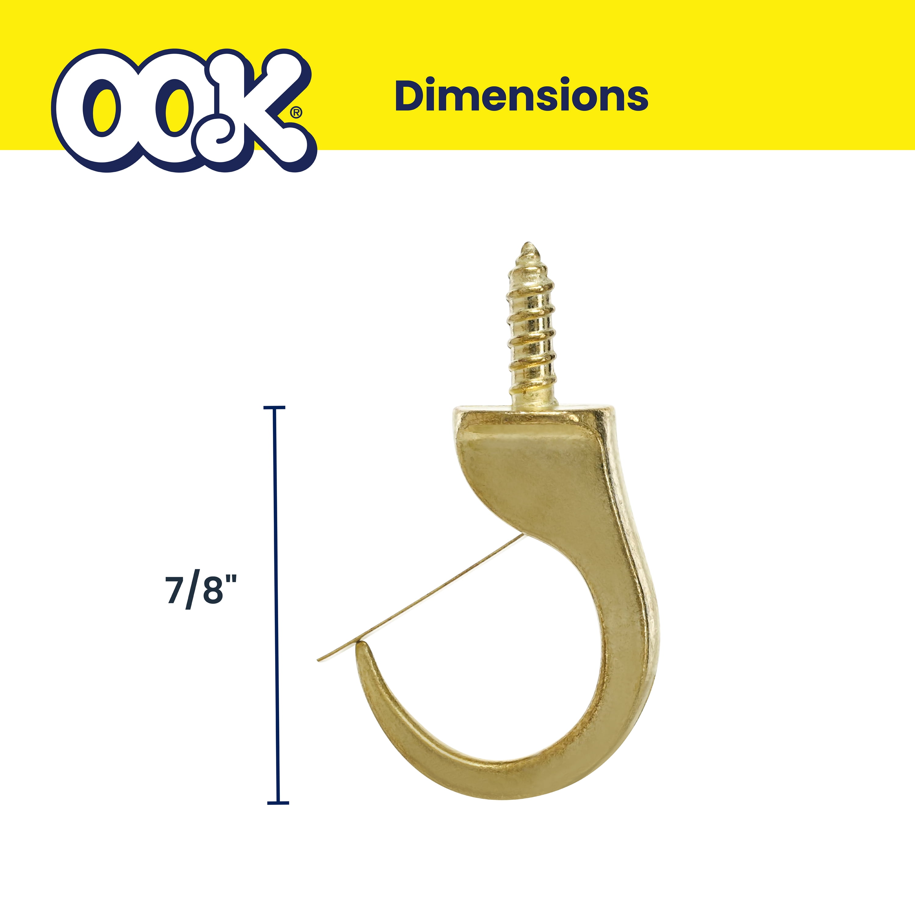 (3 pack) Ook Safety Cup Hooks, 7/8", 0.5 lbs, Screw Hooks, Steel, Brass Finish, Gold, 4 pack