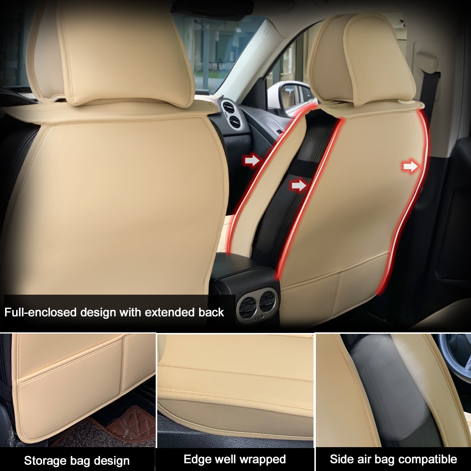 Ikon Motorsports Universal Car Seat Covers 04 Style Beige PU Leather Front Second Row Auto Seat Cover Cushion Protectors 5-Seat Full Set