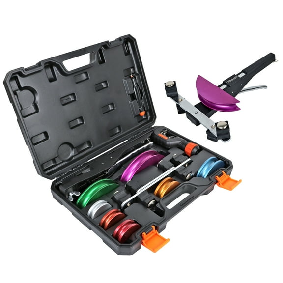 90° Ratcheting Pipe Tube Bender Set: 1/4" to 7/8" O.D. with 7-Color Aluminum Heads – LITE MODEL (No Reverse) with Tube Cutter & Deburring for HVAC, Air Conditioning and Hydraulic Applications