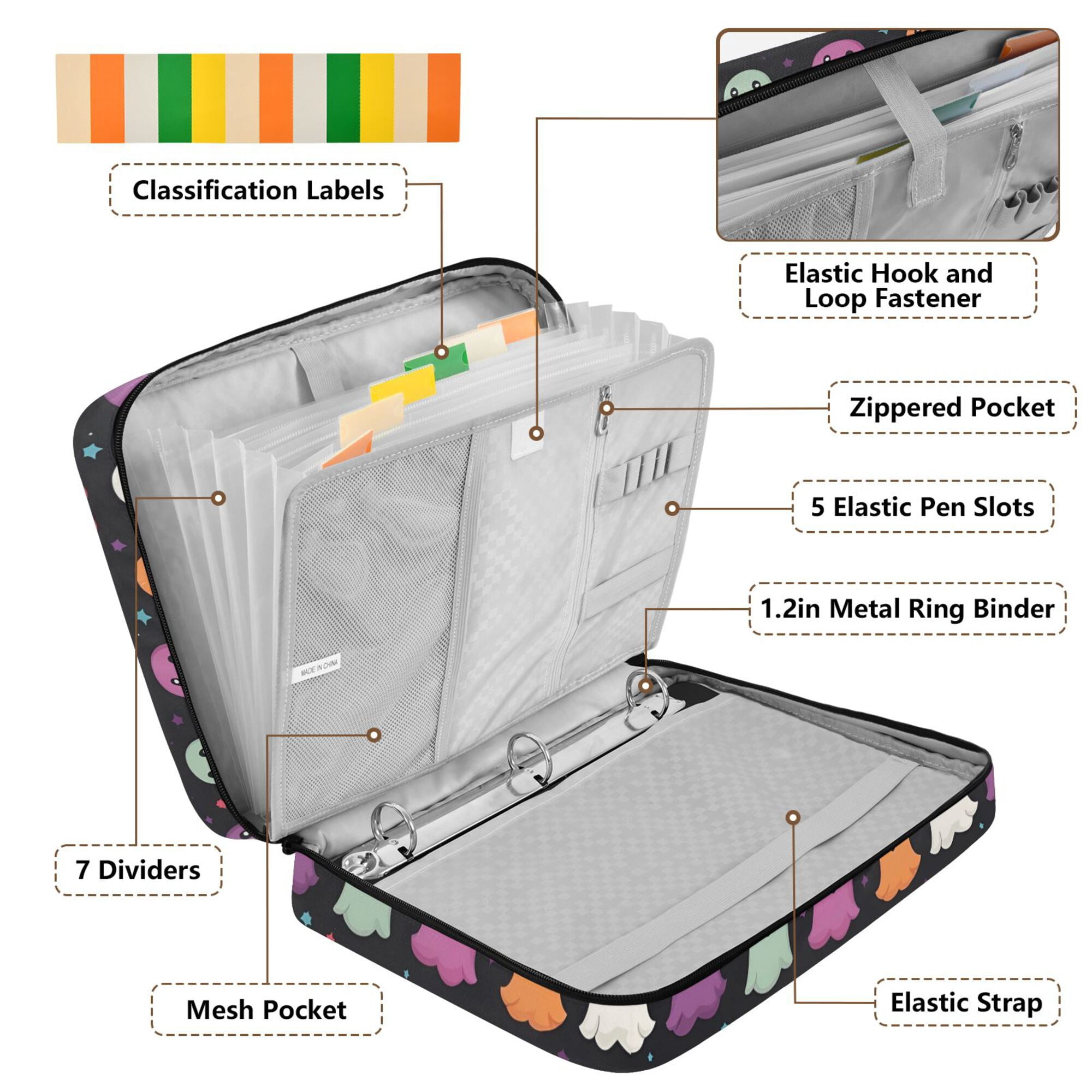 FORMRS Accordion File Folder A4 Size 7-Pocket Expanding Document Organizer Bag with 3 Ring Binder, Colorful Halloween Ghost