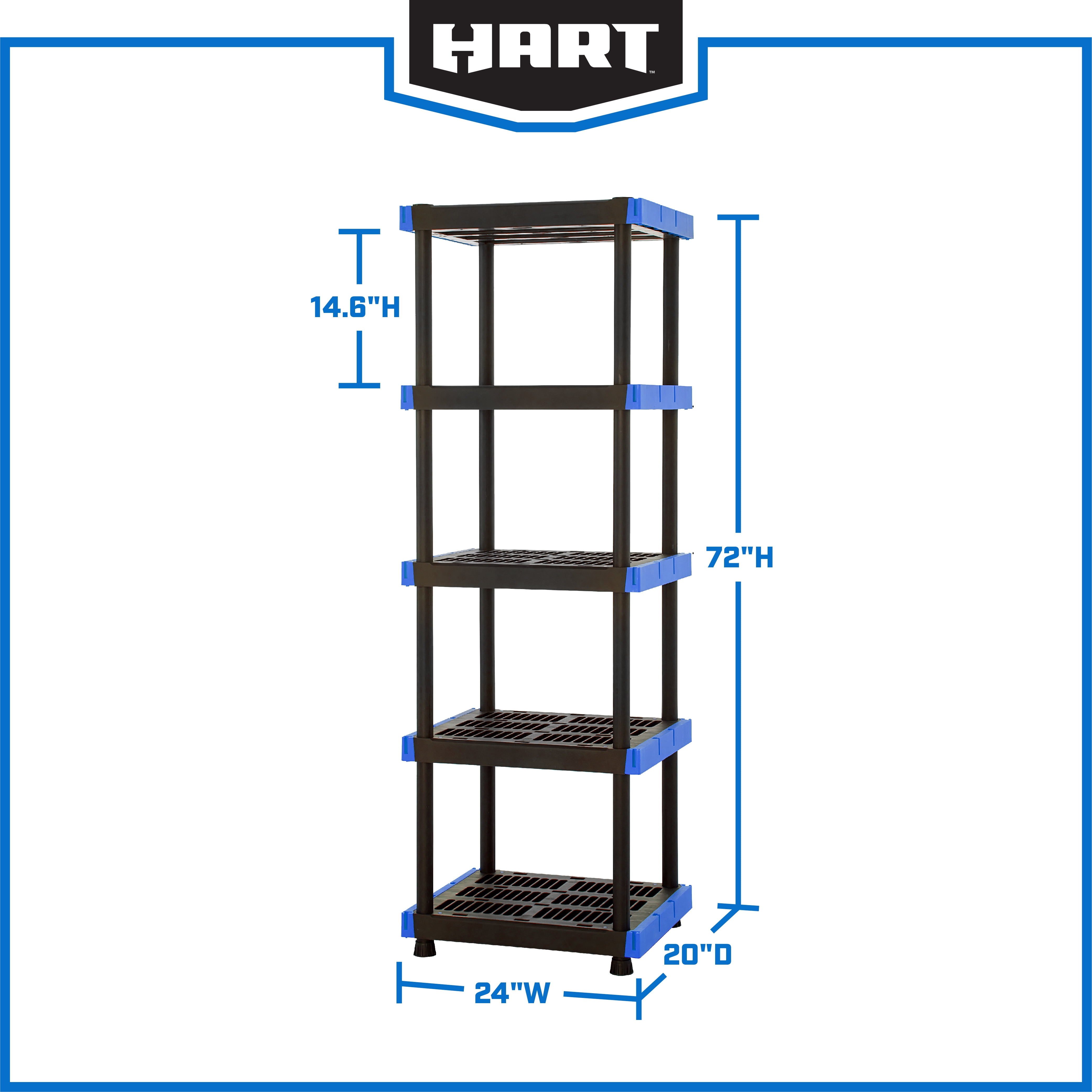 Hart 5-Shelf Plastic Storage Shelf, 24" W x 20" D x 72" H, Holds up to 500 lb Total Capacity, Black and Blue