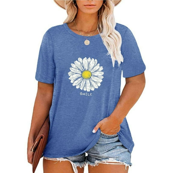 CAMERIARI Flower Short Sleeve Round Neckline Tshirts Shirts for Women, Size XL-4XL, Big&Tall, Blue, Women Casual Top Shirt Short Sleeve Printed T Shirt Round Neck Loose Soft Top