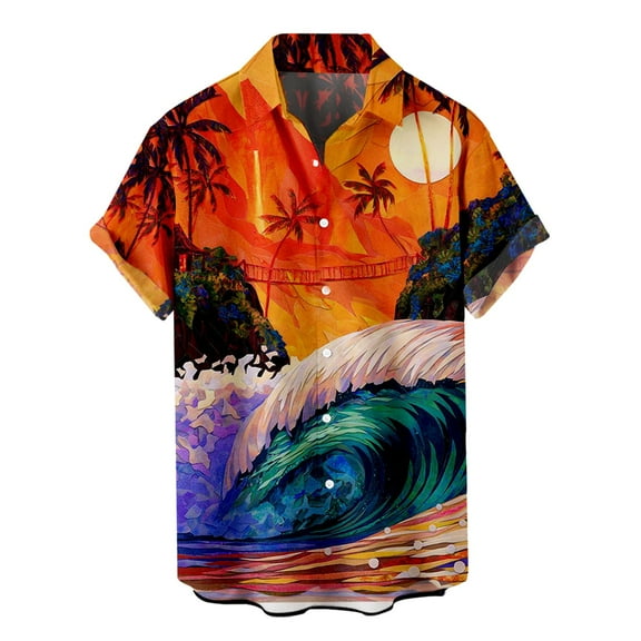 IROINNID Deals Shirt with Pocket for Men Hawaiian Geometry Print Lapel Short Sleeve Shirt,Orange