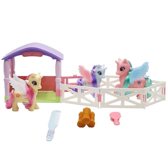 Wonder Unicorn: Pony Land - Unicorn Stable Playset - 3 Magical Figurines, Fenced Play Yard & Shelter, Feeding & Grooming Care Toy Accessories, Kids 3
