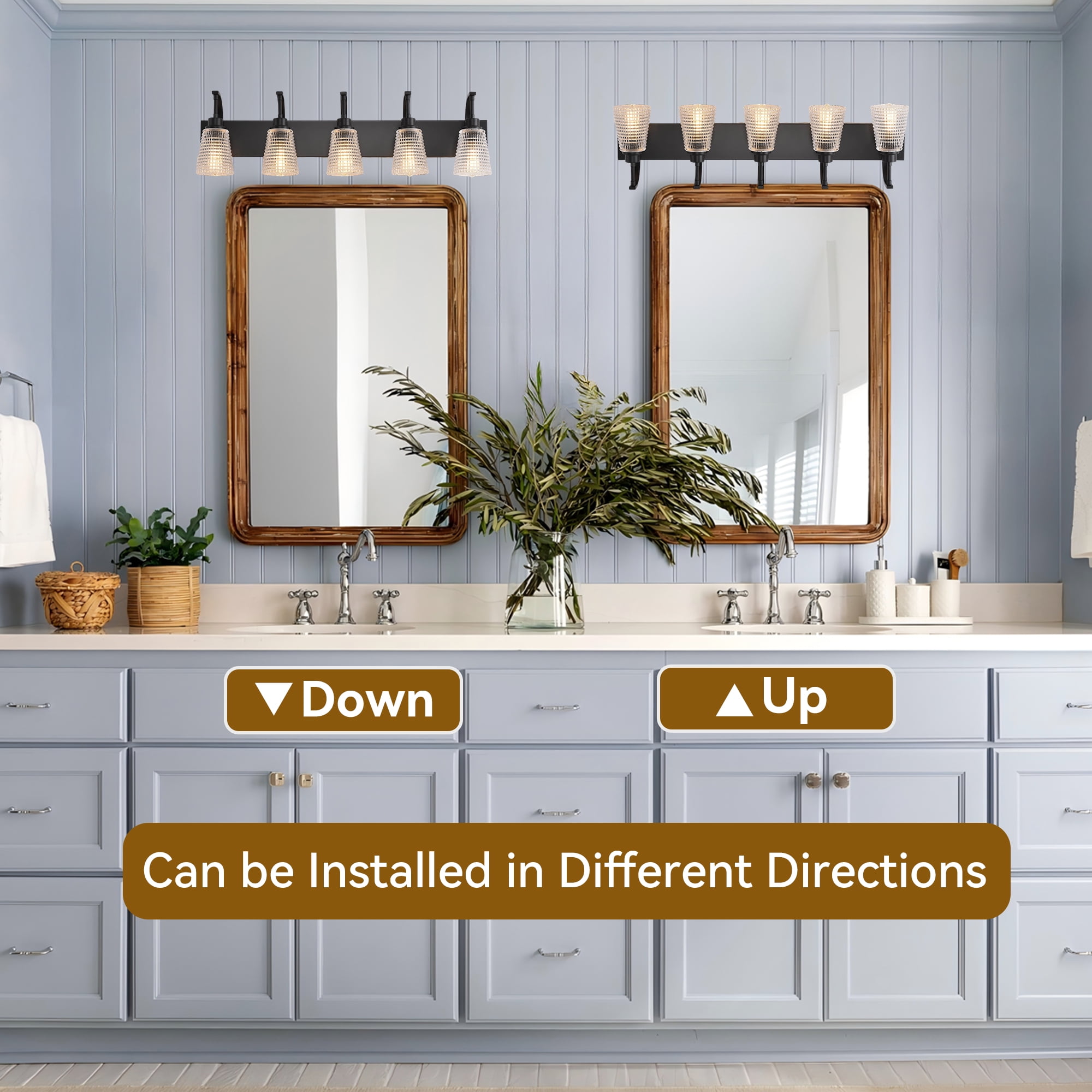 5-Light Matte Black Vanity Light, Large Modern Farmhouse Bathroom Light Fixture with Clear Rippled Glass Shades, 36.61 Inch