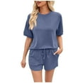 thumbnail image 2 of Mqqzkk Two Piece Sets for Women Summer Textured Short Sleeve Lounge Set Crewneck Tops Drawstring Shorts Tracksuit Outfits, 2 of 7