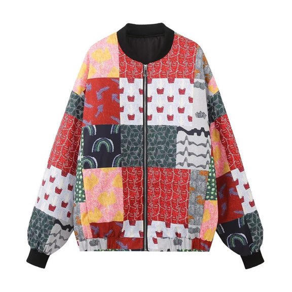 Viikei Winter Coats for Women Women's Trendy Printed Zippered Thin Long-Sleeved Cotton Jacket