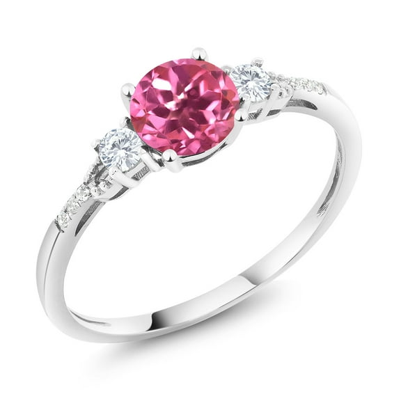Gem Stone King 10K White Gold Pink Mystic Topaz White Created Sapphire and White Diamond Accent 3-Stone Engagement Ring for Women (1.15 Cttw, Round 6MM, Gemstone November Birthstone, Size 5)