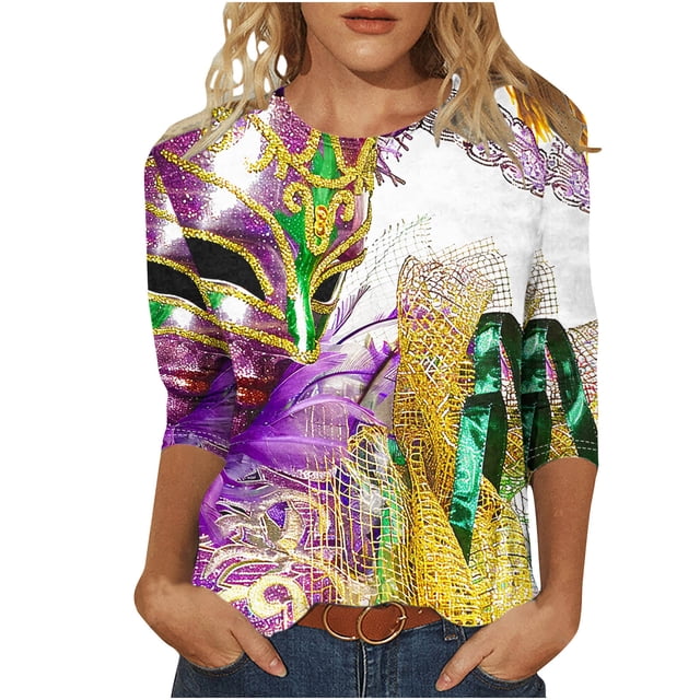 Penkiiy Blouse de Carnaval Manches 3/4 Chemise de Printemps Tee Quotidien Imprimé Masque Blouse Mardi Gras Col Rond 2024 Tee Tunique Habillée m Multicolore