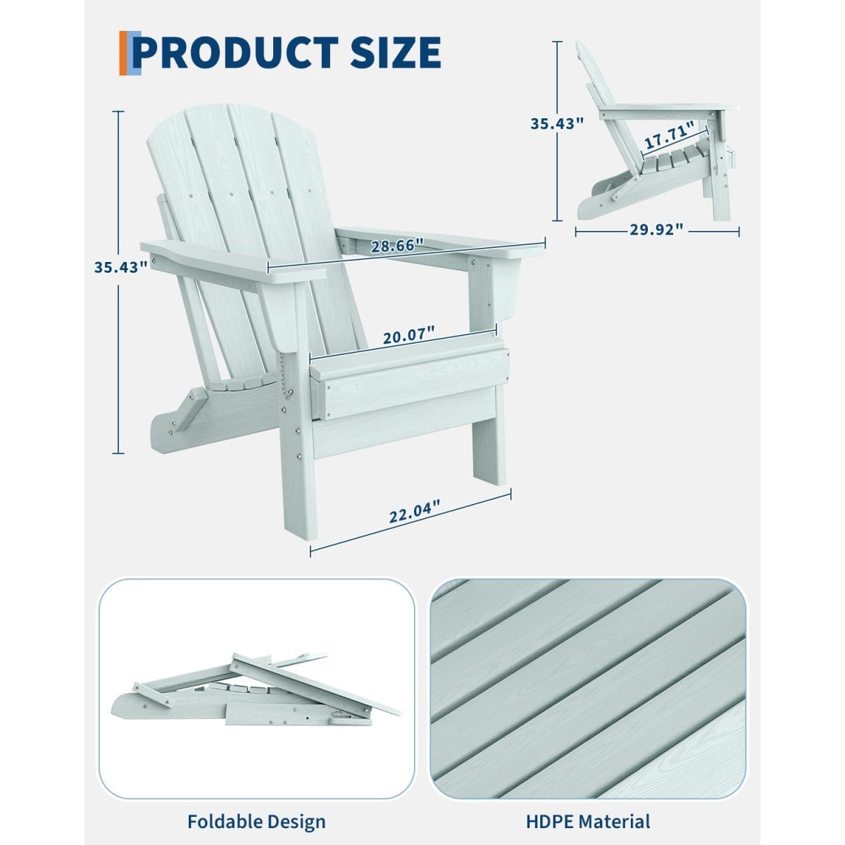 1PC Folding Adirondack Chair, HDPE Outdoor All-Weather Fire Pit Chairs, Outdoor Wooden Lounge Chair, Modern Lounger Adirondack Chairs Ergonomic Extended Backrest for Deck, Patio, Pool, Backyard