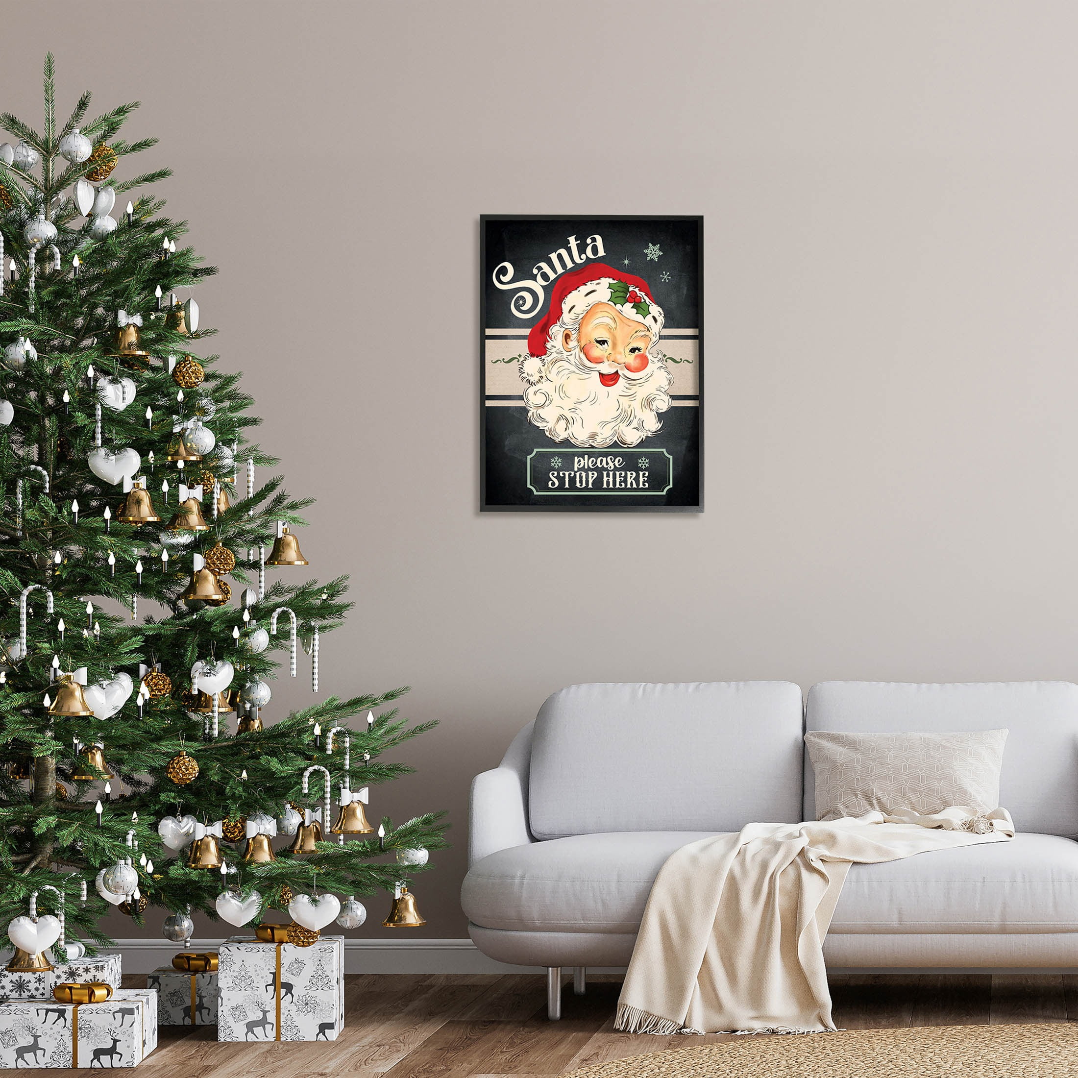 Santa Please Stop Here Vintage Smiling Holiday Graphic Art Black Framed Art Print Wall Art