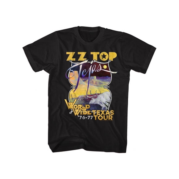 T-Shirt Graphique ZZ Top 76-77 World Tour Texas - Marchandise de Groupe Rock Vintage, T-Shirt en Coton Noir au Design Rétro Vibrant, Régulier