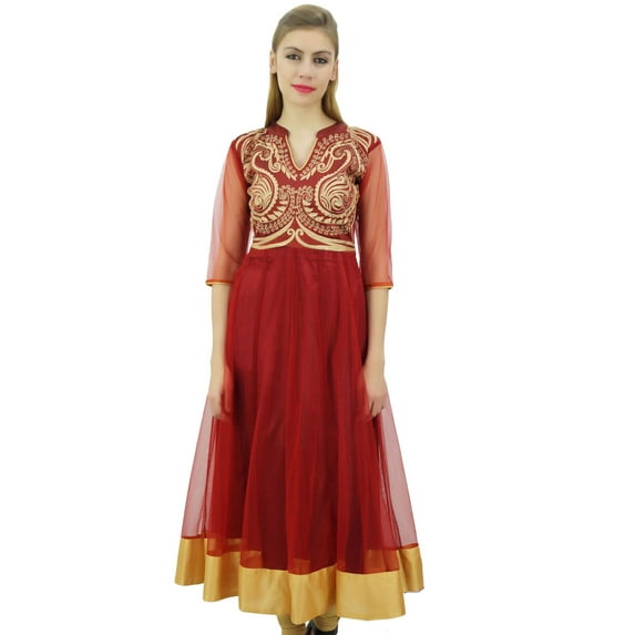 Bimba Women's Designer Anarkali Wedding Maroon Embroidered Net Kurta-26