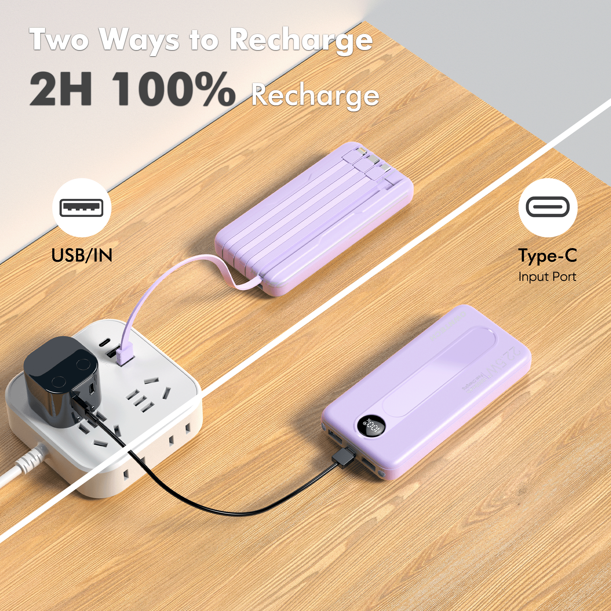OWNTECH 10000mAh Power Bank, Built-in Cables, 22.5W, Purple photo 6
