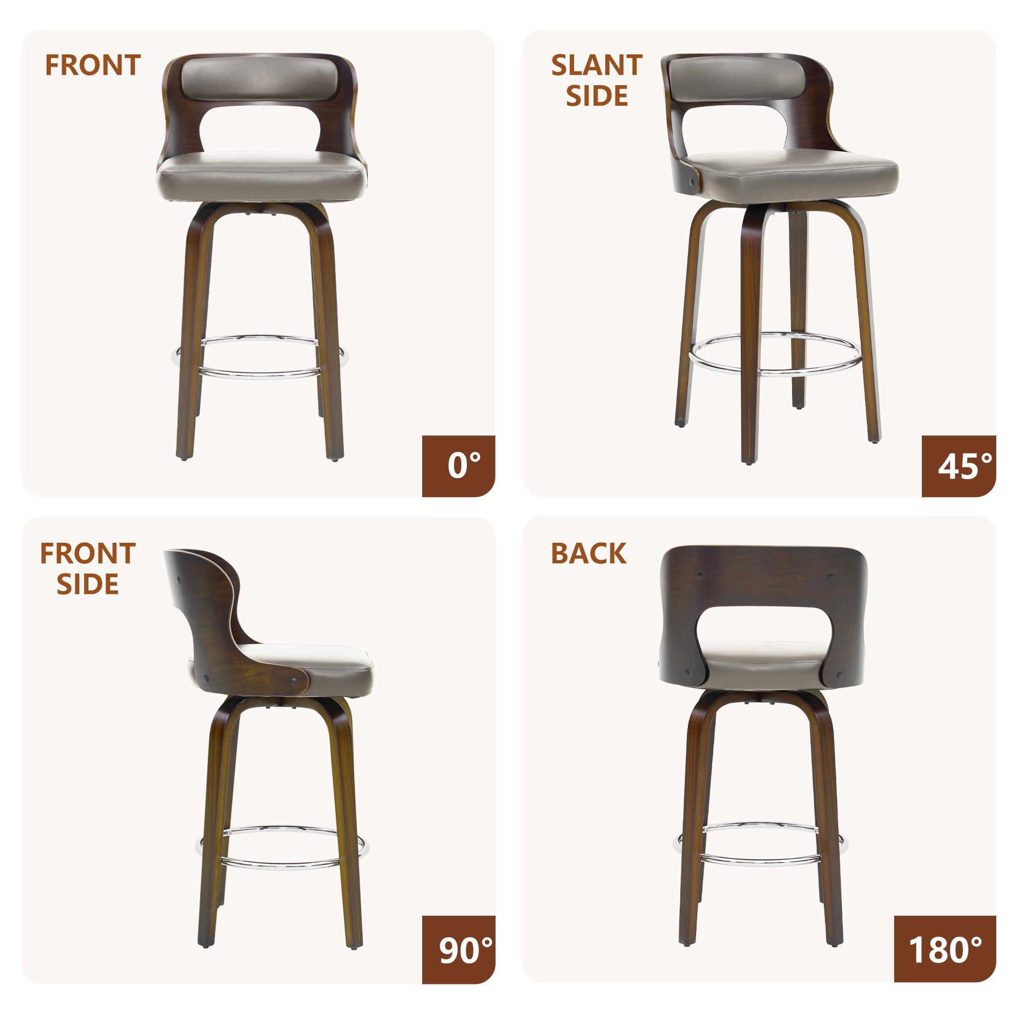 ClinQ 26 inch Swivel Bar Stool Set of 1, Counter Height Bar Chair with Walnut Legs and Silver Ring Footrest, Upholstered Faux Leather, Gray