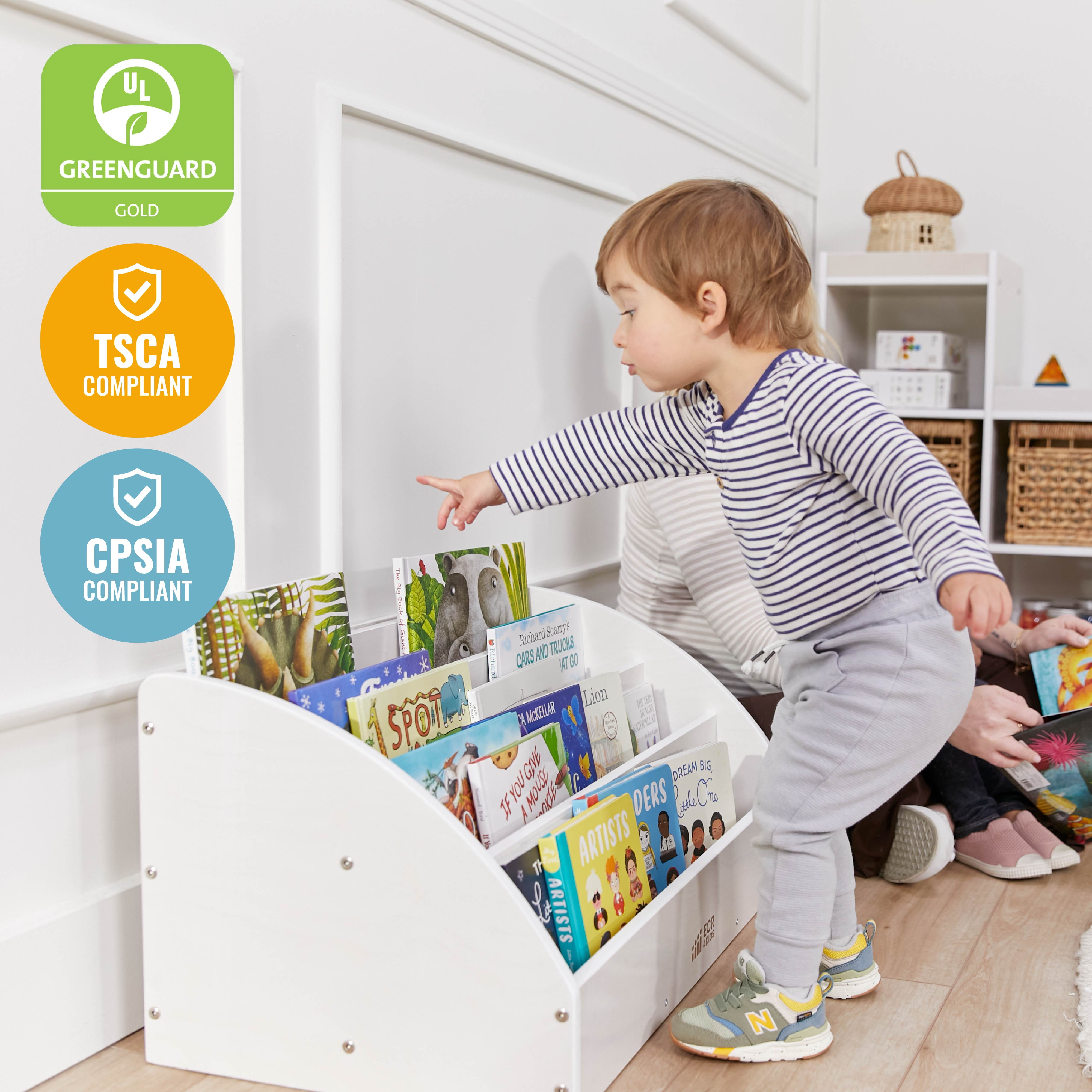 ECR4Kids Wooden Forward-Facing Toddler Book Display, Beginner Bookshelf, White Wash