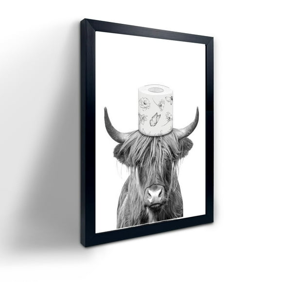 Black Framed Bathroom Decor,Funny Highland Cow Wall Art in Bathtub, Black and White Canvas Cow In Bathroom Picture, Humor Animals Bathroom Artwork Prints, Bedroom, Kids Bathroom Decor